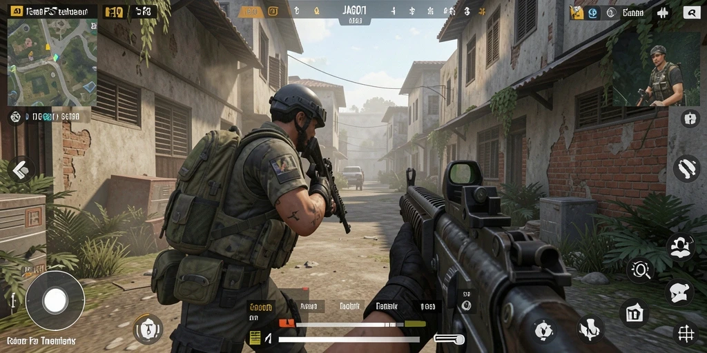 Screenshot gameplay JAGO11 menampilkan aksi tembak-menembak yang intens.