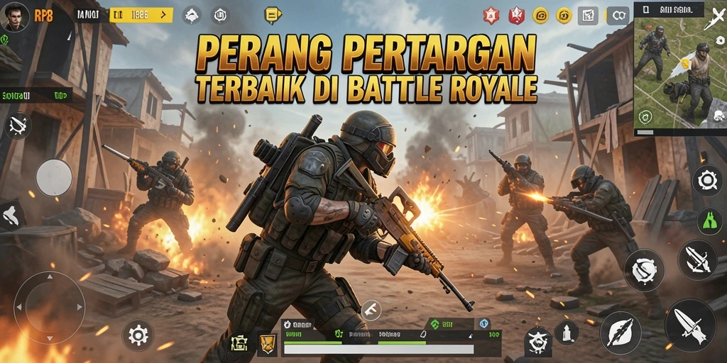 Tangkapan layar utama RP8 dengan aksi seru dalam arena Battle Royale.